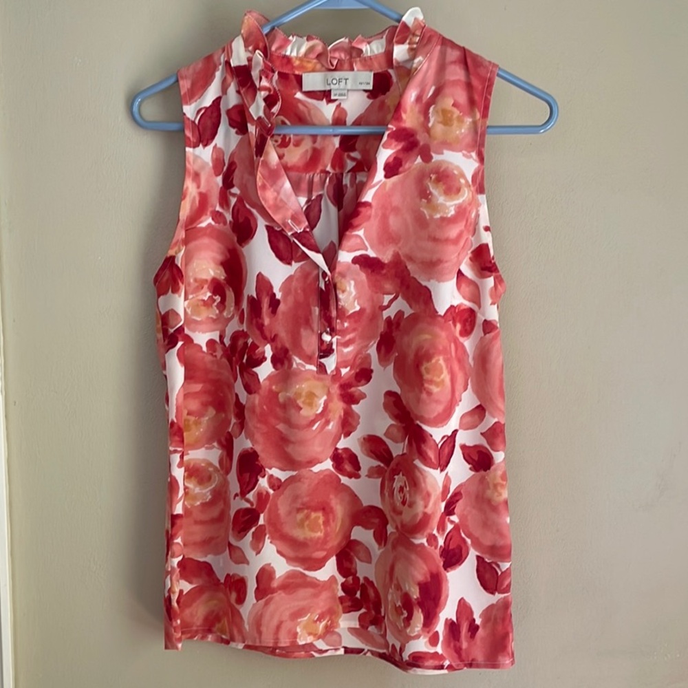LOFT Pink and Orange Sleeveless Blouse with Mandarin Collar